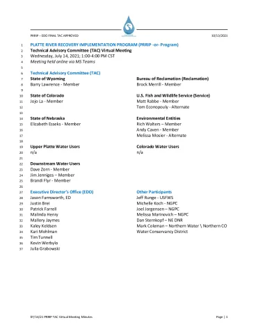 07_14_21 PRRIP Quarterly Technical Advisory Committee Virtual Meeting Minutes