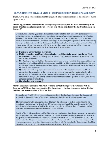 2012 ISAC Comments on PRRIP State of the Platte Report Executive Summary