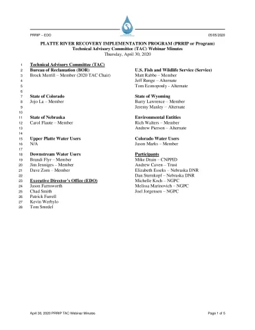April 30 2020 PRRIP TAC Webinar Minutes