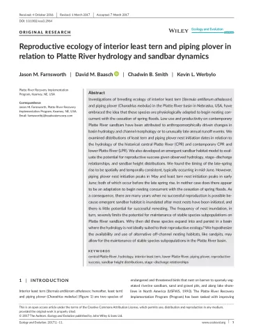 Reproductive ecology of interior least tern and piping plover in relation to Platte River hydrology and sandbar dynamics