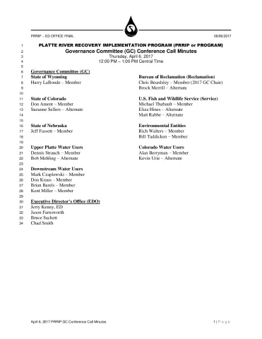 FINAL April 6 2017 PRRIP GC Conference Call Minutes