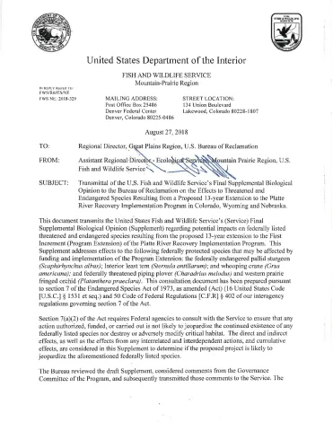 PRRIP First Increment Extension Supplemental Biological Opinion