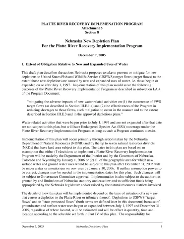 Nebraska Depletion Plan For the Platte River Recovery Implementation Program