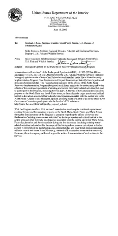 Biological Opinion on the Platte River Recovery Implementation Program