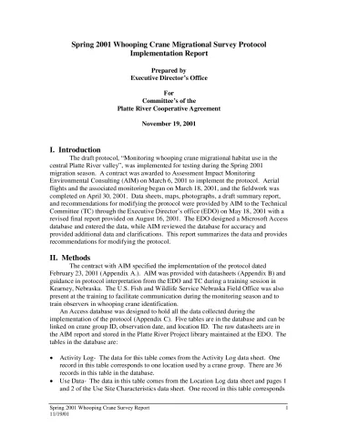 Implementation of the Whooping Crane Monitoring Protocol – Spring 2001