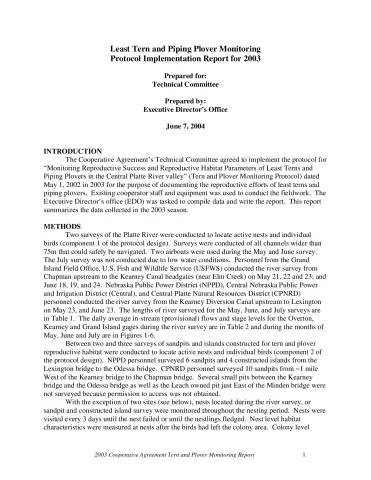 Tern and Plover Monitoring Protocol Implementation Report for 2003