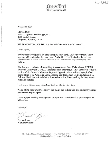 Implementation of the Whooping Crane Monitoring Protocol – Spring 2004