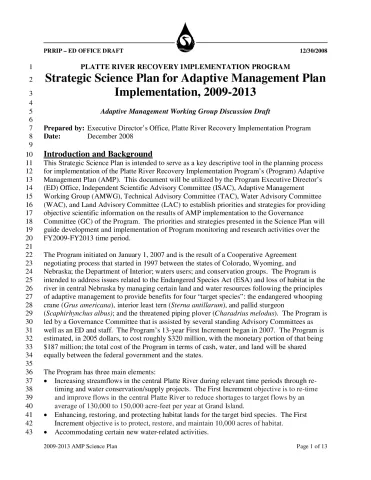 Strategic Science Plan for Adaptive Management Plan Implementation, 2009-2013