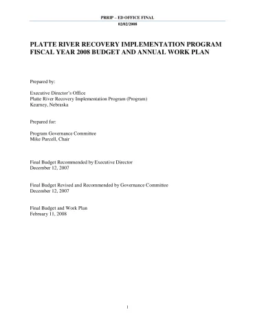 Platte River Recovery Implementation Program 2008 Budget and Work Plan