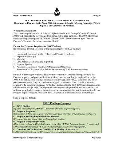 Response to Findings in the Final 2009 Independent Scientific Advisory Committee (ISAC) Report to the Governance Committee