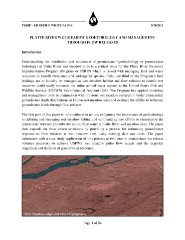 Platte River Wet Meadow Geohydrology and Management Through Flow Releases