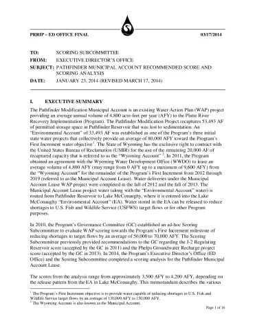 Pathfinder Municipal Account Recommended Score and Scoring Analysis Memo