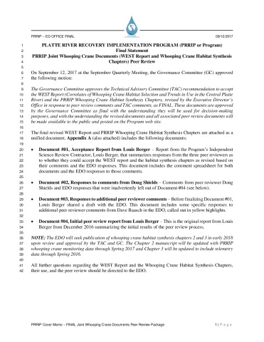 September 12 2017 FINAL PRRIP Joint Whooping Crane Documents and Peer Review Package