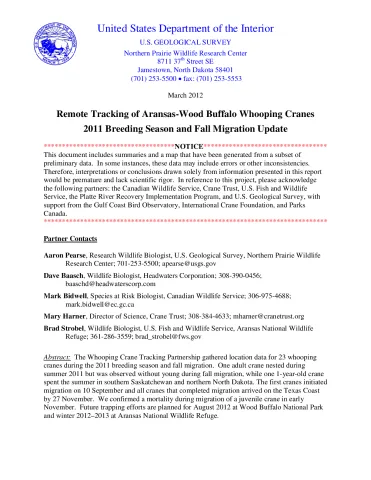 Remote Tracking of Aransas-Wood Buffalo Whooping Cranes 2011 Breeding Season and Fall Migration Update