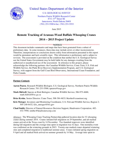 Remote Tracking of Aransas-Wood Buffalo Whooping Cranes 2014-2015 Project Update