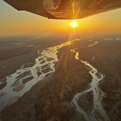 Sunrise view of the Platte River’s braided channels from an aircraft.